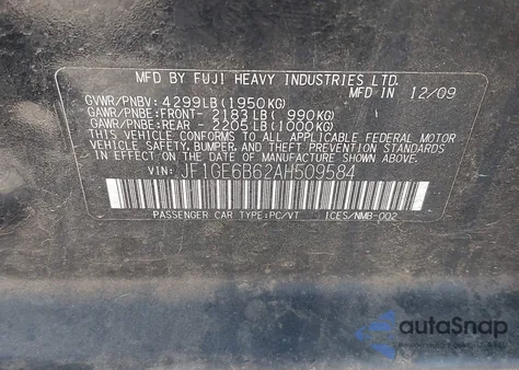 2010 Subaru Impreza 2.5I Premium from USA, damaged, VIN JF1GE6B62AH509584